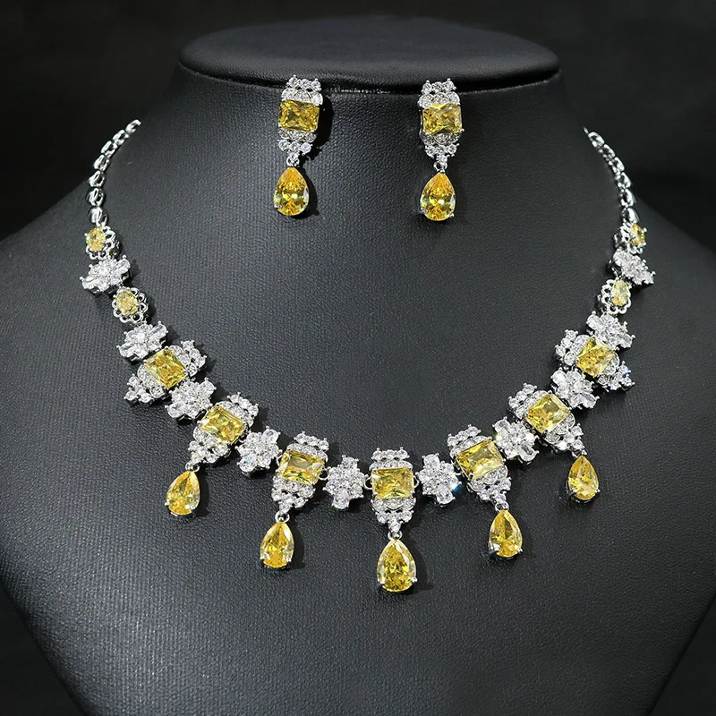 

HIBRIDE 2pcs Gorgeous Water Drop Yellow Cubic Zirconia Luxury Women Party Wedding Costume Necklace Bridal Jewelry Sets N-1557