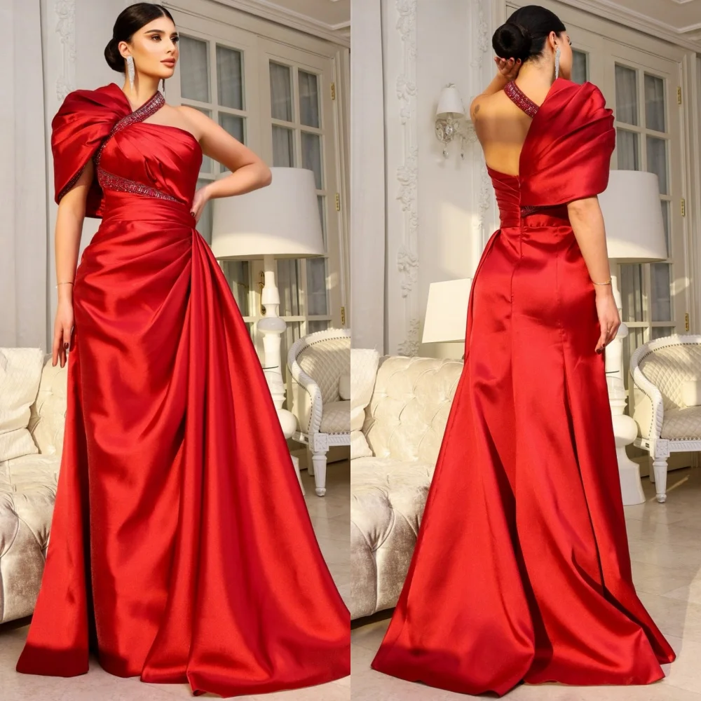 

Customized Modern Style Charmeuse Sequined Pleat A-line One-shoulder Long Dresses Bespoke Occasion Simple