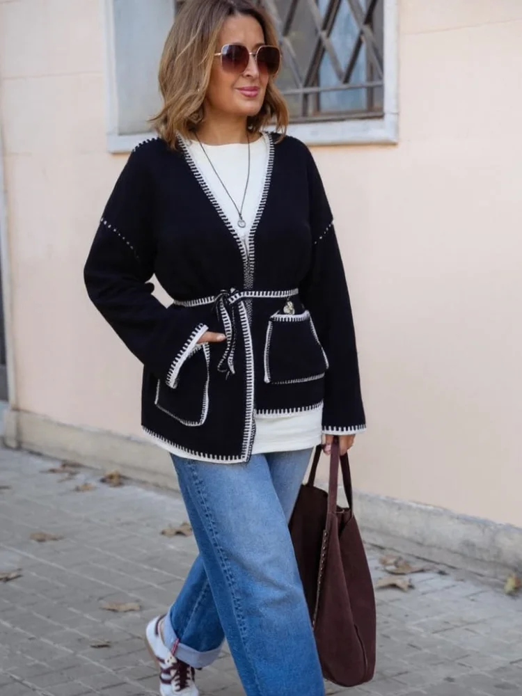 

Женский тонкий и универсальный вязаный женский свитер с контрастными карманами, элегантный осенний пояс с v-образным вырезом и длинными рукавами, теплая женская верхняя одежда