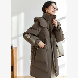 VIMLYWomen's Fashion Simple Lightweight Long Down Coat Winter Warm Hooded Stand Collar Zipper Straight Jacket Commuter Outerwear