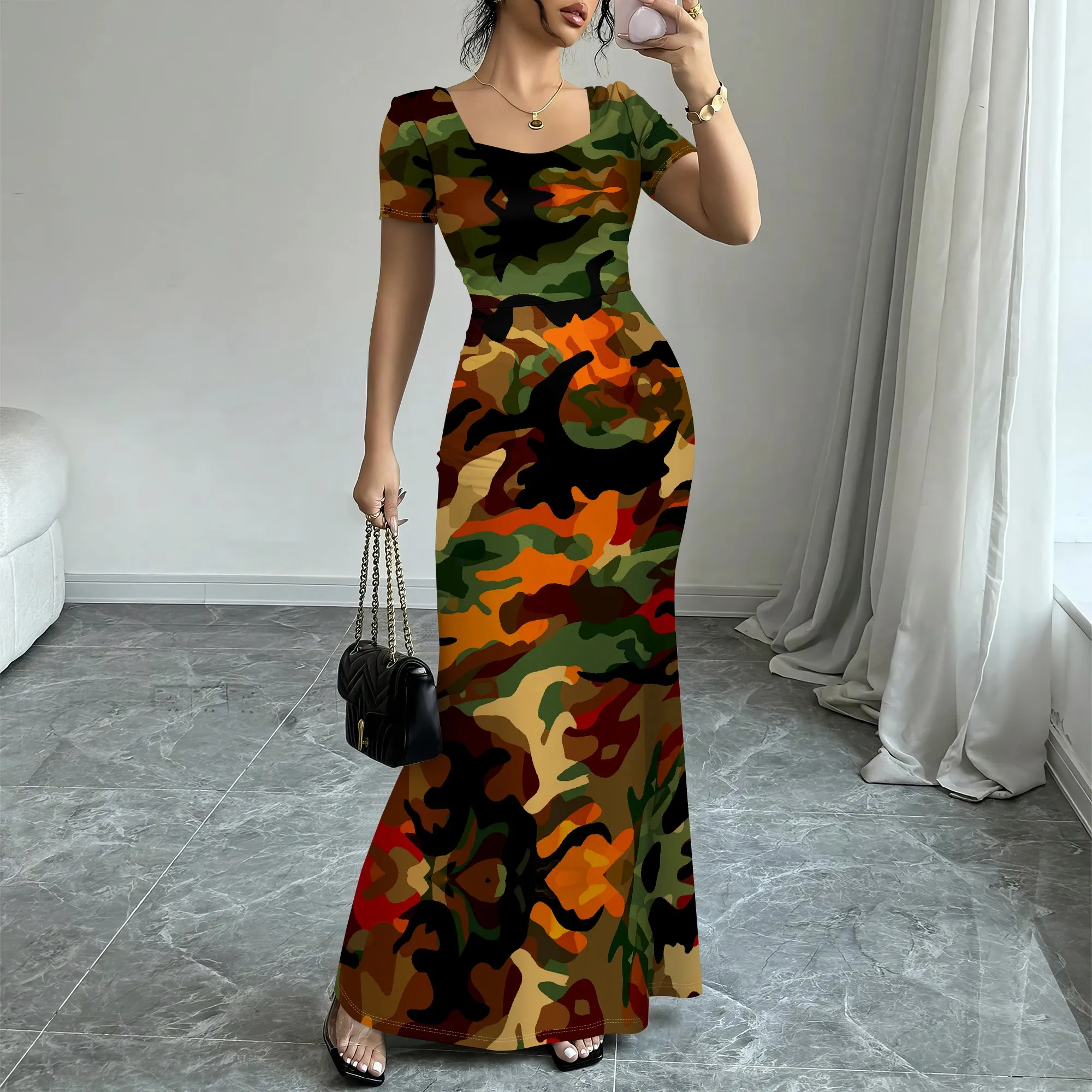 

Camo Print Bodycon Maxi Dress XS-3XL Short Sleeve Square Neck Slim Fit for Streetwear, Music Festival or Summer Vacation