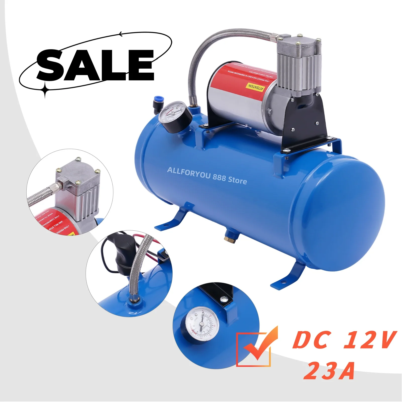 DC 12V 23A Air Horn Compressor 6L Tank Pump 100 Psi For Van Train Truck Car Boat