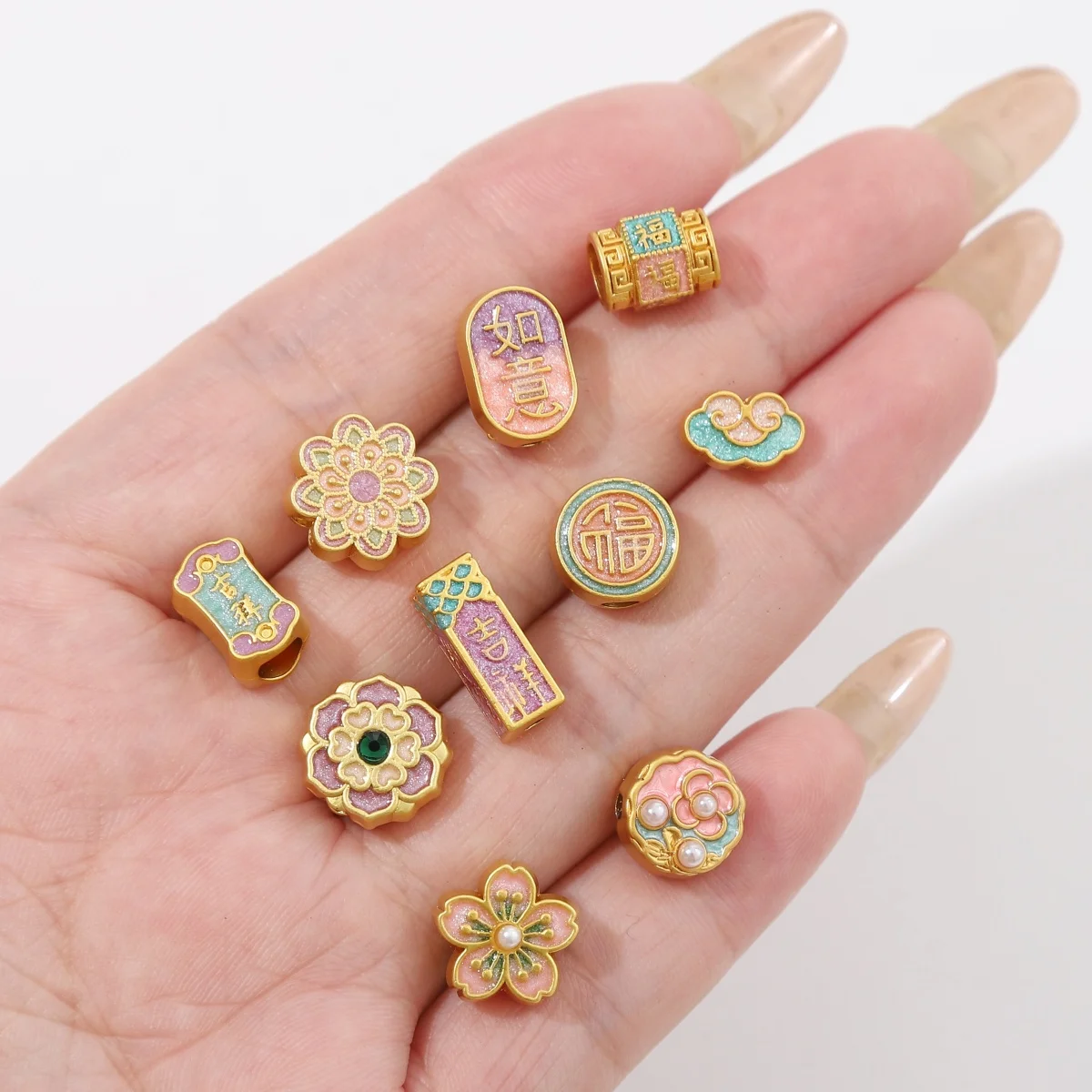 1pc/Bag Alloy Enamel Beads Lucky Gold Color Spacer Beads For Bracelet Phone Chain Charms Handmade DIY Jewelry Making Accessories