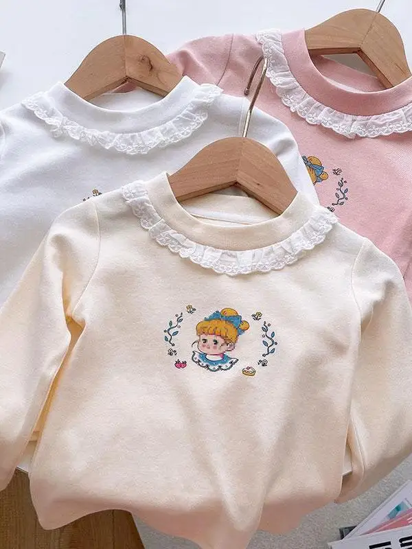 

Princ Sle Long Sve Cotton Base irt для маленьких девочек Топ с кружевной отделкой Универсальная осенне-весенняя модная детская одежда