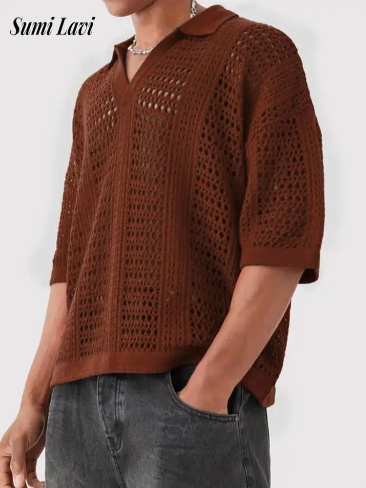 2025 Summer Daily Casual Men's Mesh Polo Shirt Vintage Turn-down Collar Hollow Out Tops Men Knitted Short Sleeve Pullover Polos