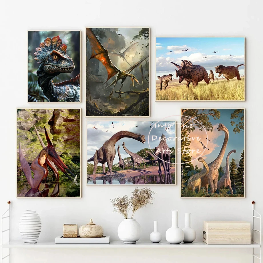 Classic Jurassic Forest Park Dinosaur Pterosaur Tyrannosaurus Rex Retro Poster Canvas Paintings Wall Art Pictures Home Decor