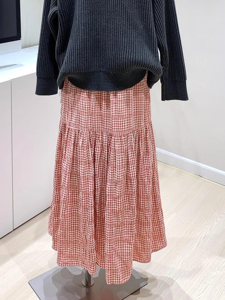 Nuevo Harajuku Y2K falda informal a cuadros roja para mujer, moda japonesa de primavera, falda acampanada con volantes de cintura alta para mujer