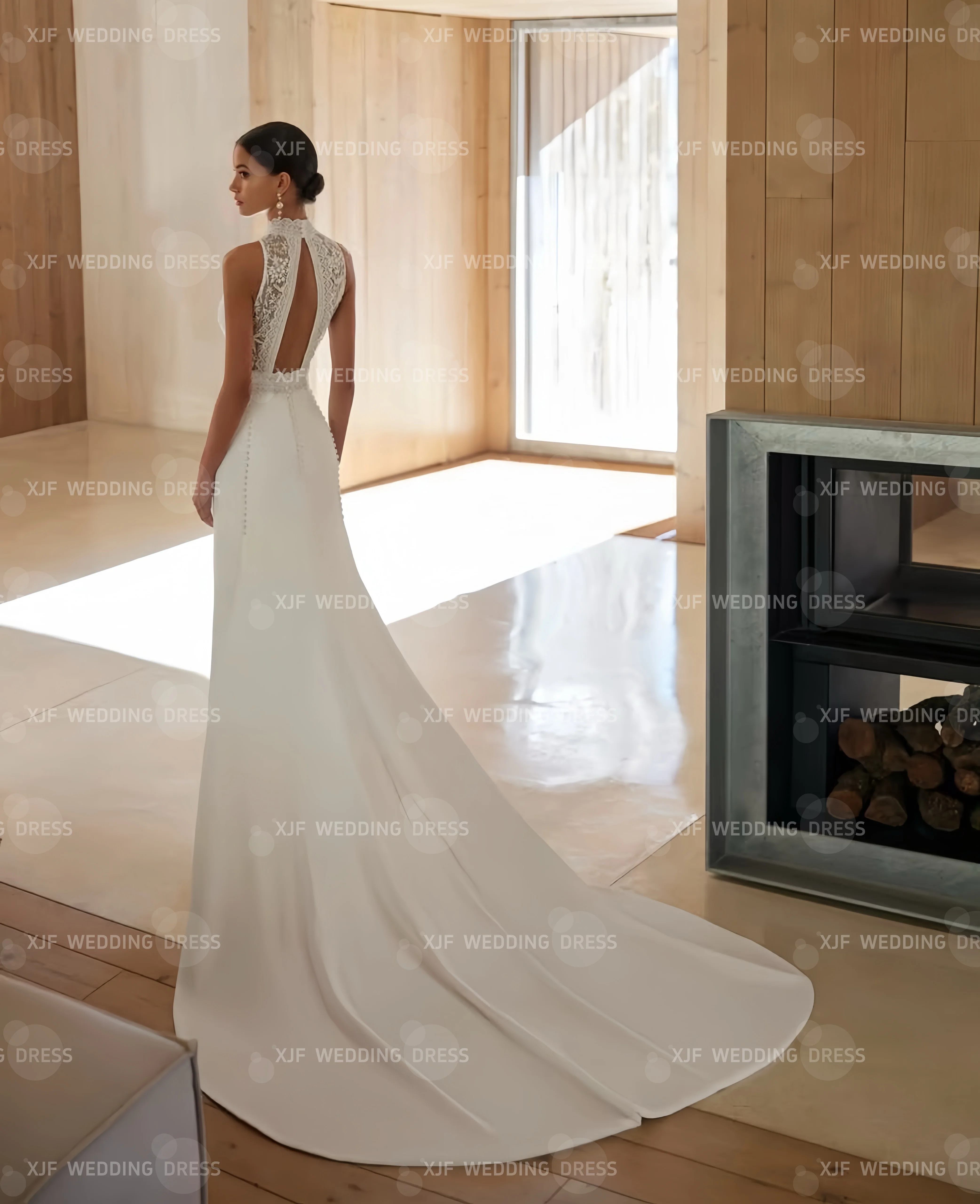 Suknia ślubna satynowa w kształcie litery A, bez rękawów, z wysokim kołnierzem, koronkowa, na zamówienie, vestidos de novia amanda novias amanda novias official