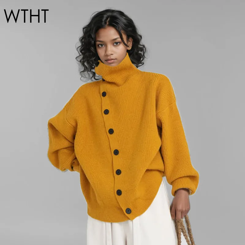 WTHT Fashion Women's Oblique Single Breasted Knitted Cardigan 2024 Winter New Stand Collar Long Sleeves Pullovers Female 1LS500