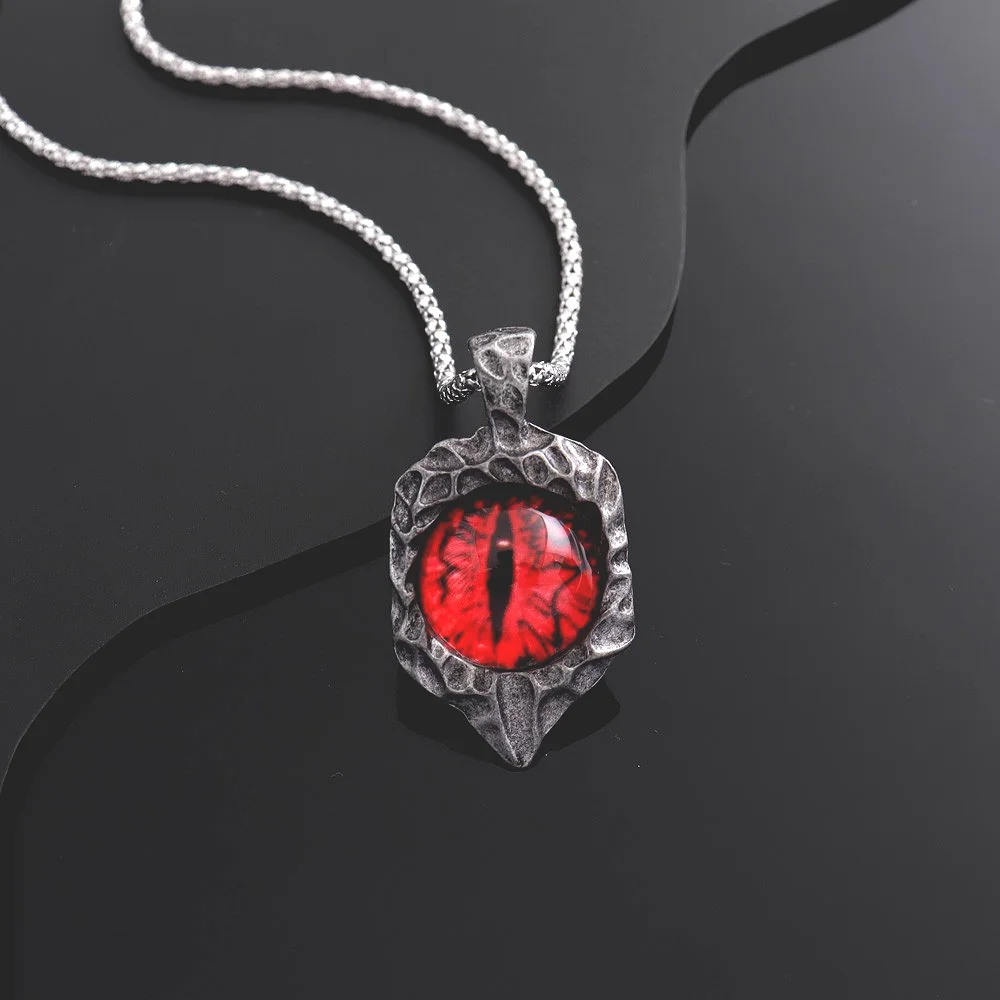 Hip-Hop New Trendy Red Eye Stone Inlaid Pendant Necklace Eye of The Devil Pendant Men\'s Character Retro Devil Eye Pendant Chain