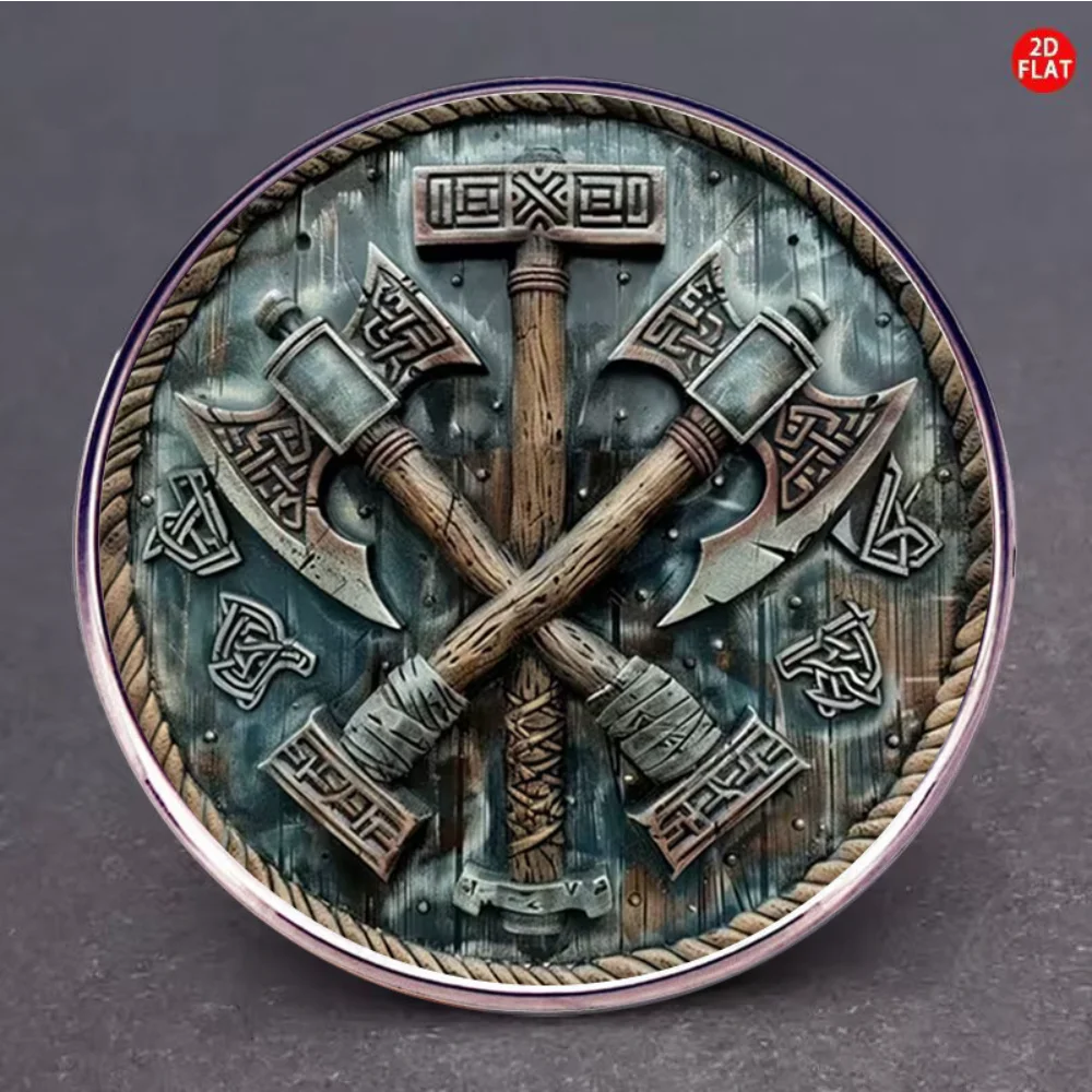 Flat Stainless Steel Glass Brooch Viking Axe Norse Runes Hammer Shield Medieval Warrior Vintage Lapel Pin