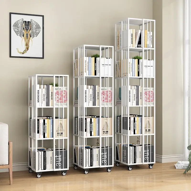 Mobile bookshelf Rotating simple bookshelf with wheel storage Household 360 wrought iron corner floor bookcase shelf