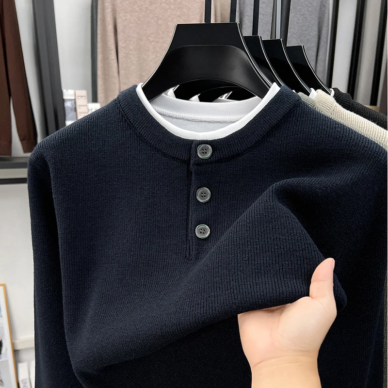 Fashion button round neck knitted sweater men's luxury fake two-piece new comfort autumn winter casual high-quality pullover