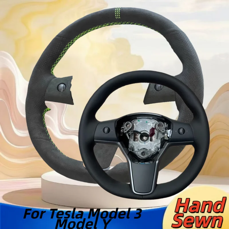 

Hand-Sewn Genuine Leather Car Steering Wheel Cover For Tesla Model 3 Model Y Car Interior Accessories