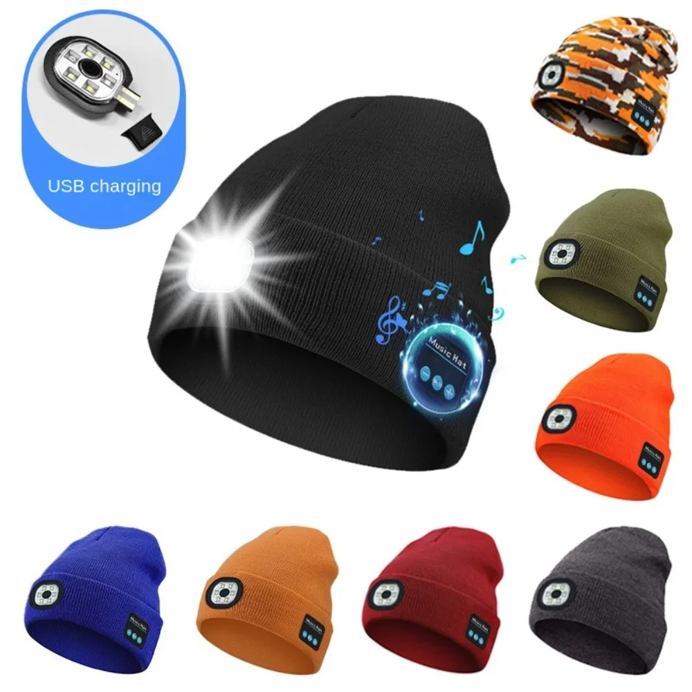 Bluetooth LED Light Woolen Hat Removable Rechargeable Wireless Headphone Knit Hat With Button Battery Running Cycling