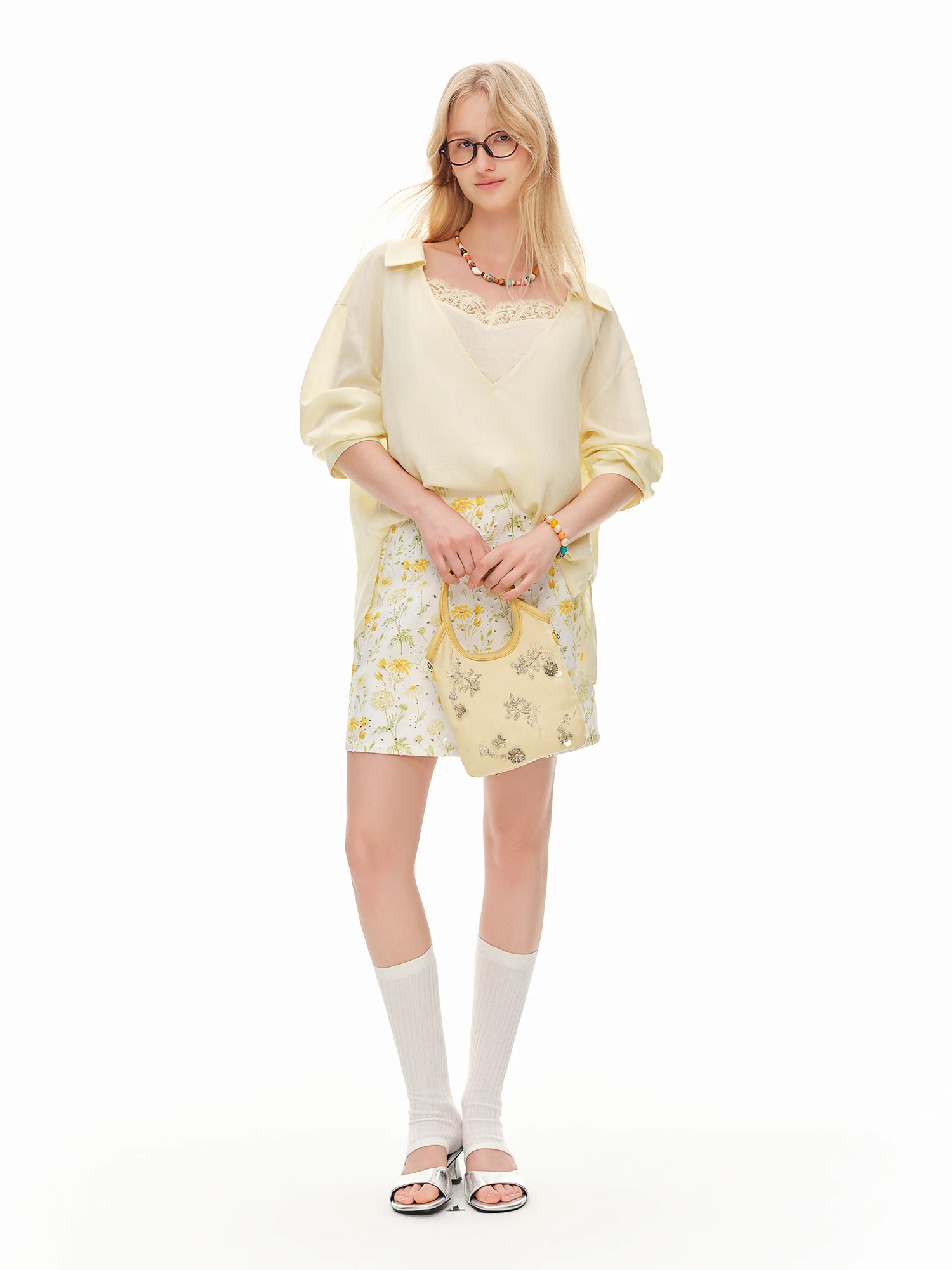 DUSHU 2026 Sommer Damen High-Waist A-Linien Minirock 100% Baumwolle mit Lochmuster Gänseblümchen-Print Lockerer Lässiger Kurzer Rock Gelb – Detail 6