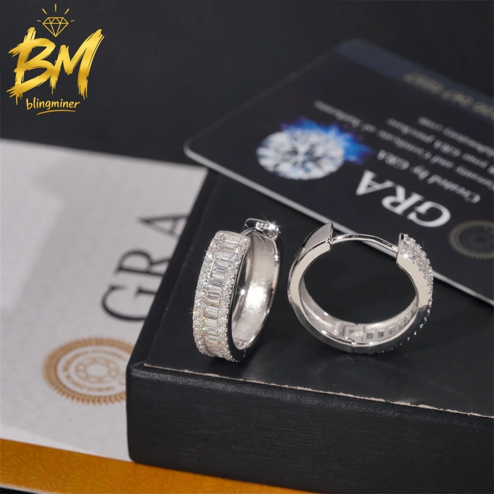 Blingminer Hoop Baguette VVS Moissanite Earrings For Men Women S925 Silver Ear Studs Pass Diamonds Tester GRA Free Shipping