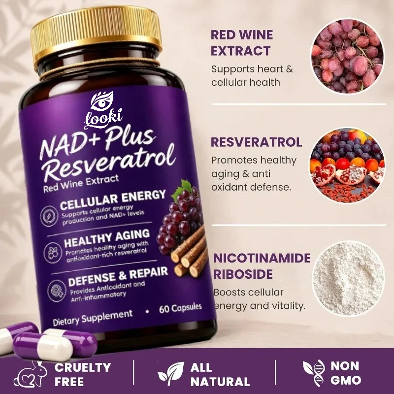 NAD Resveratrol with Red Wine Extract - Cellular Energy Vitality and Healthy Aging Health Support 60 Capsules