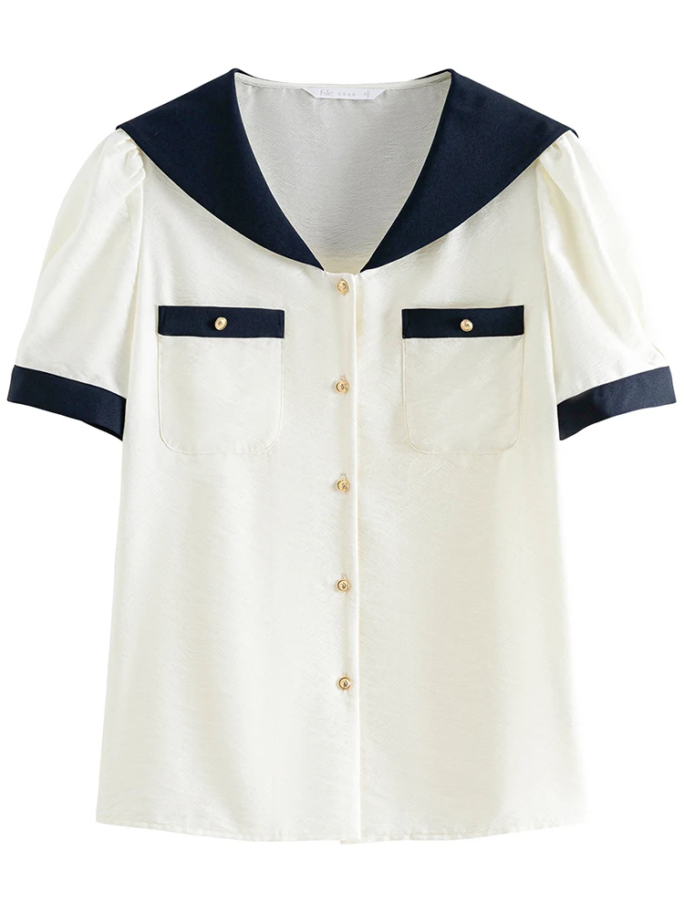 FSLE Sailor Collar Short-Sleeved Women Shirt 2024 Summer New Natural Eco-Friendly Bamboo Fiber Material Female Top 24FS12208