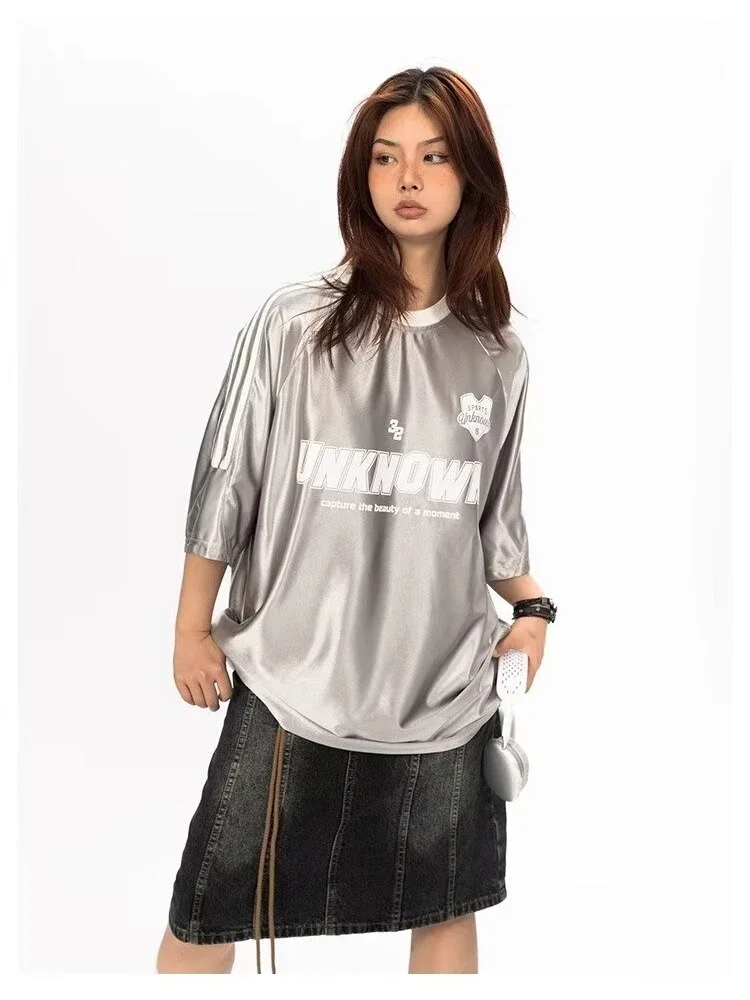 American Style Metallic Silver T Shirts Men Women Patchwork Oversized Hip Hop Street Letter T-shirt Y2K Loose Harajuku Tee Tops