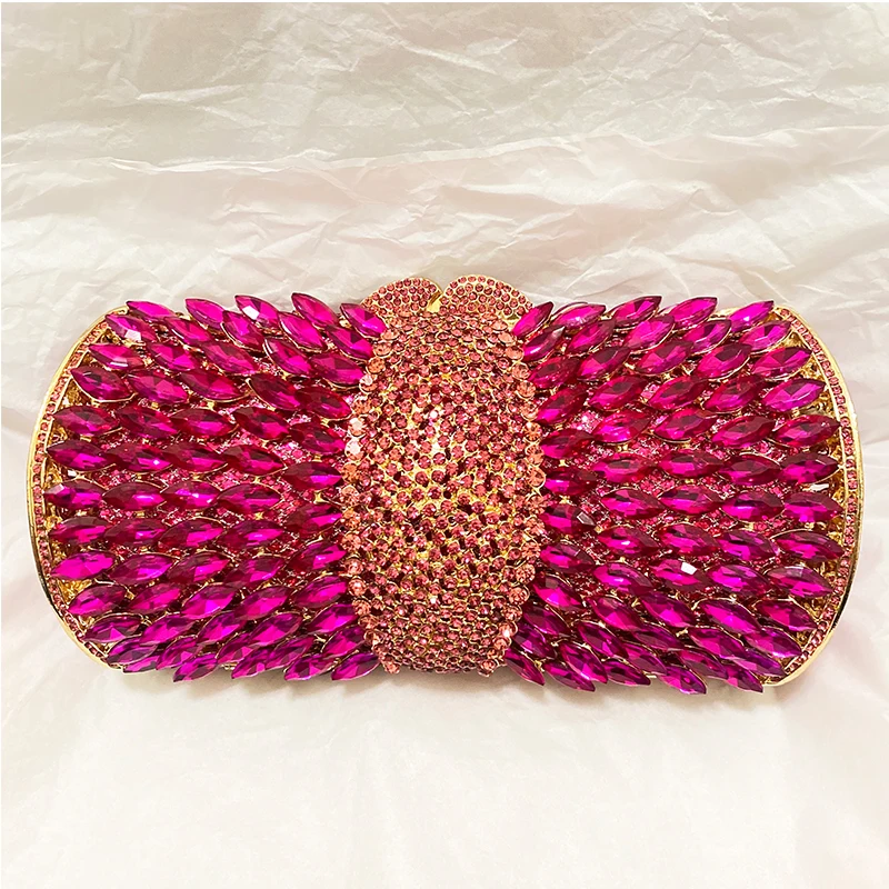 

Fuchsia Rhinestone Evening Bags Elegant Diamond Phone Clutches Luxury Women's Crystal Shoulder Handbags Wedding Bridal Purse