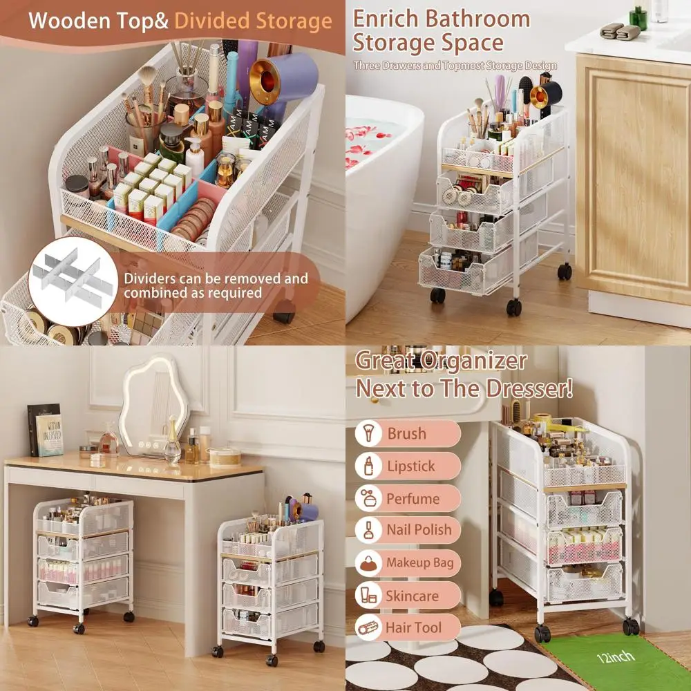 

3-Drawer Rolling Makeup Cart Organizer, 4-Tier Slim Skincare Storage with Dividers, White Vanity Cosmetic Display Stand for Brus