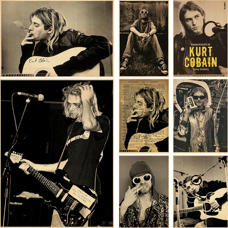 

Singer Kurt Cobain Posters Rock and Roll Music Retro Kraft Paper Sticker Vintage Room Bar Cafe Decor Art Wall Paintings Posters