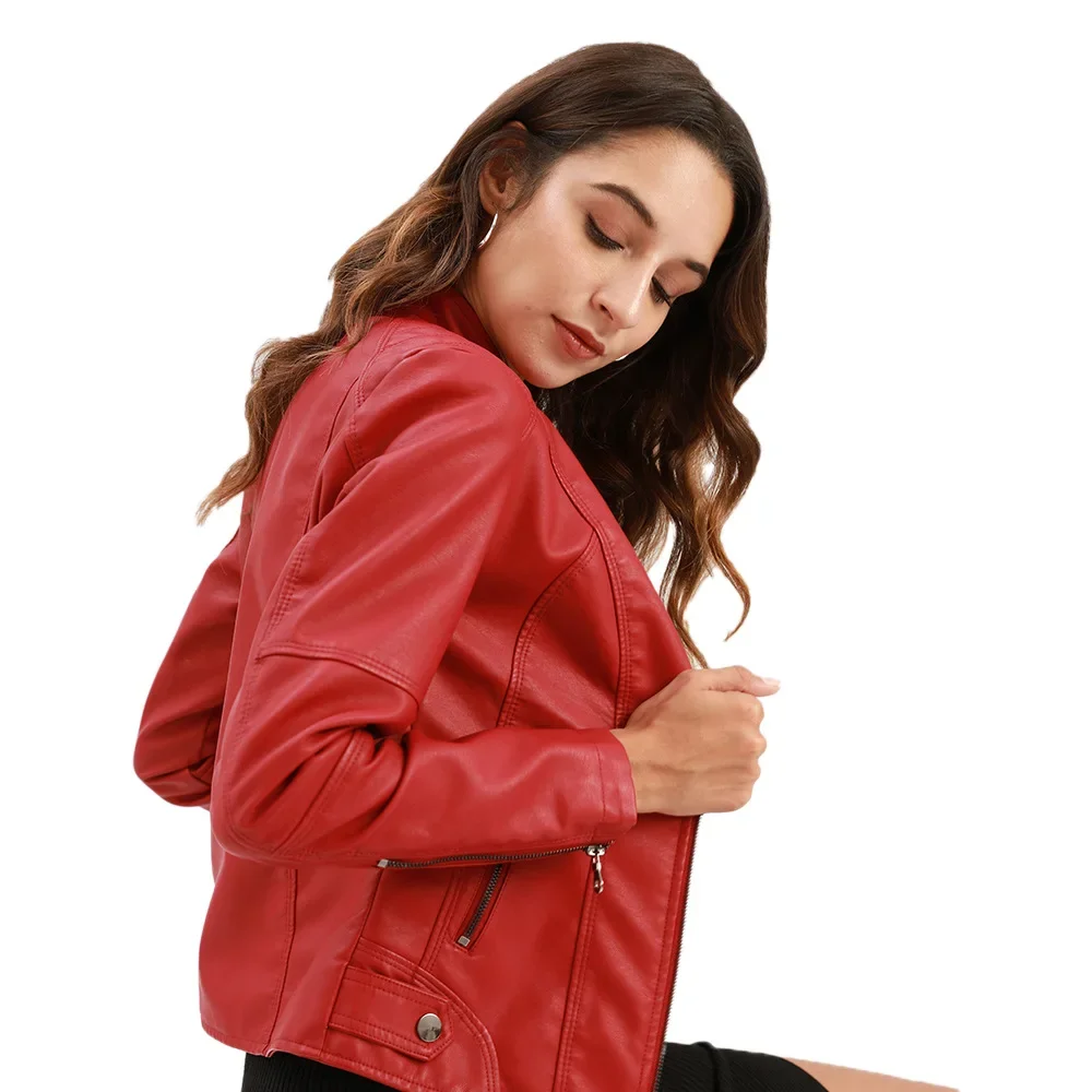 Chaqueta de cuero con cuello levantado para mujer, abrigo ajustado de manga larga con cremallera, cunas de empalme, informal, elegante, para otoño,