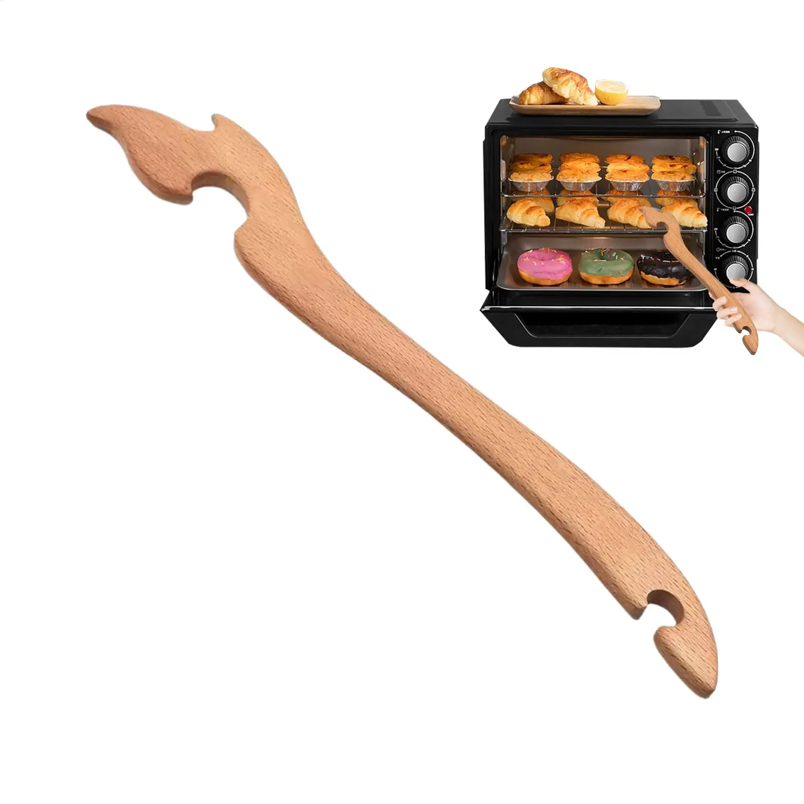 Oven Rack Puller Tool Wooden Long Handle Heat Safe Kitchen Gadget Oven Rack Helper for Toaster Air Fryer Baking BBQ Roasting
