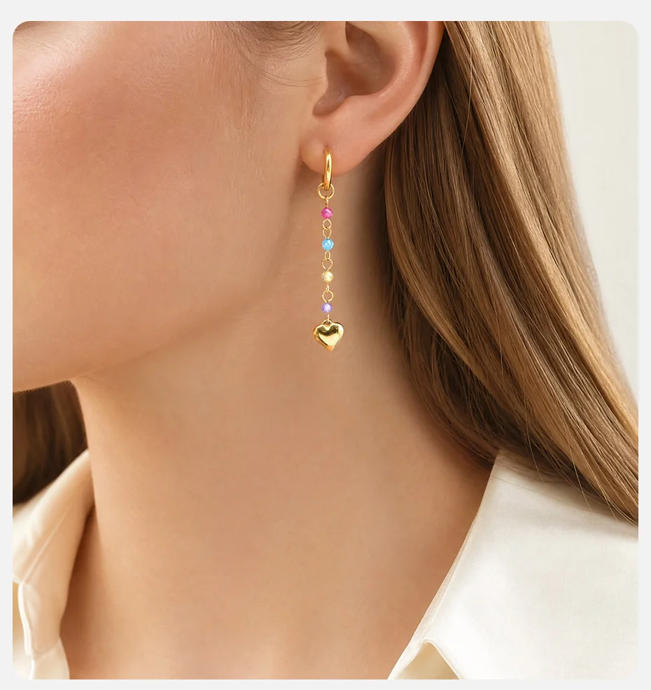 Vnox 18K Vergoldete Bunte Perlen-Herz-Ohrhänger für Damen, Filigrane Quasten-Tropfenohrringe, Party- und Urlaubsschmuck für den Strand – Detail 2