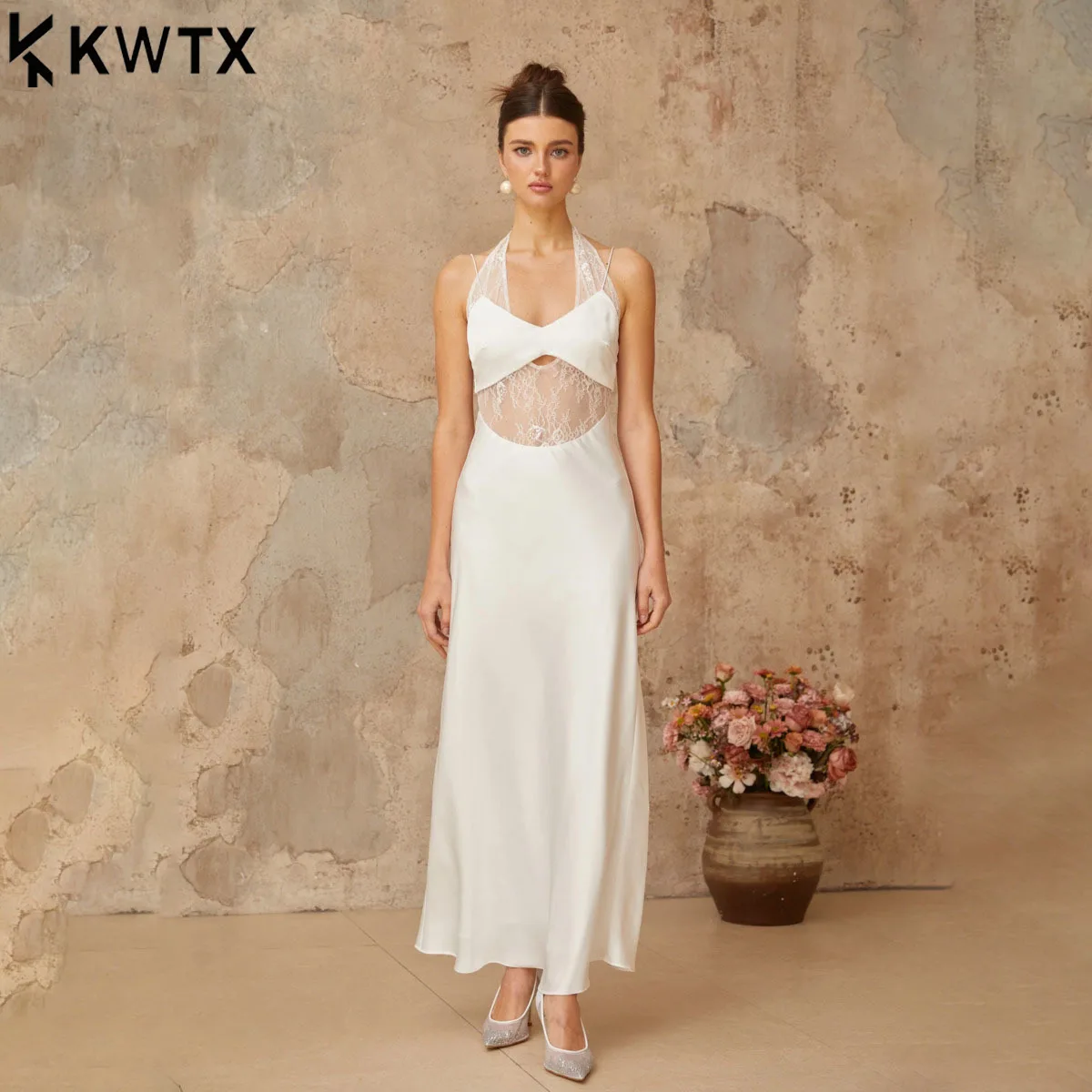 فستان KWTX نسائي 2026 من الساتان والدانتيل بدون حمالات مثير بفتحات أنيقة للحفلات ملابس الشارع لربيع وصيف الحد الأدنى الراقية