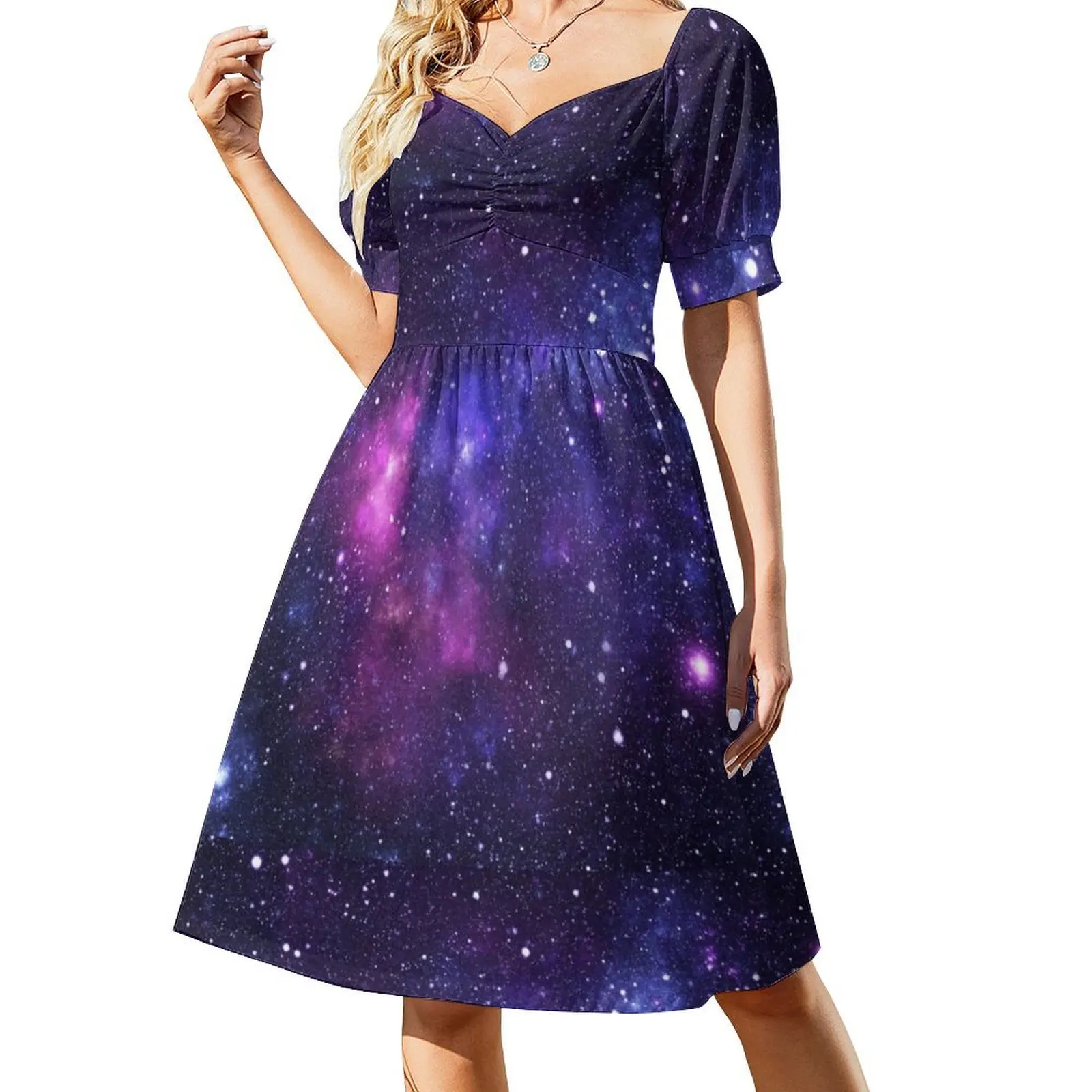 Roxo galáxia nebulosa estrelas vestido de manga curta feminino vestido longo roupas de verão feminino 2025