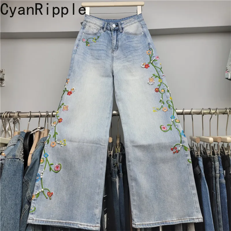 New Spring Autumn Vintage Flowers Embroidery Beads Loose Straight Jeans All-match Floor-length Casual Women's Denim Long Pants