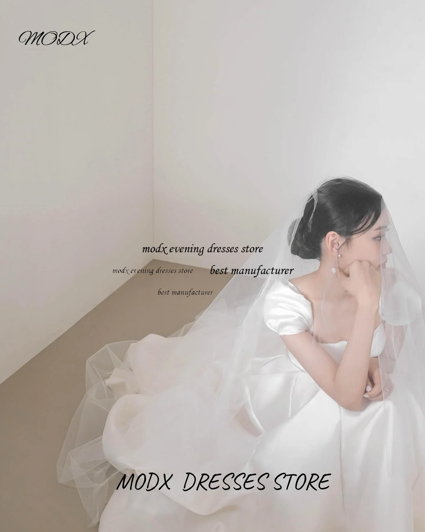 MODX Romantic A-line Satin Korean Wedding Dresses Square Neck Short Sleeve Customized Corset Church Ceremony Formal Event Dress