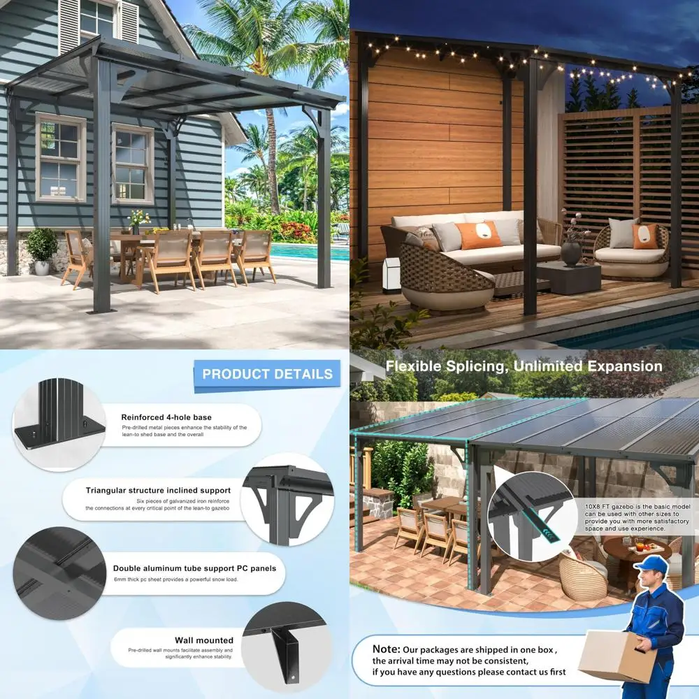 

10x8 Foot Hardtop Gazebo with Pergola Awning for Patio, Clearing Sale for Shade and Rain Protection, Lean-to Style for Sun Shelt