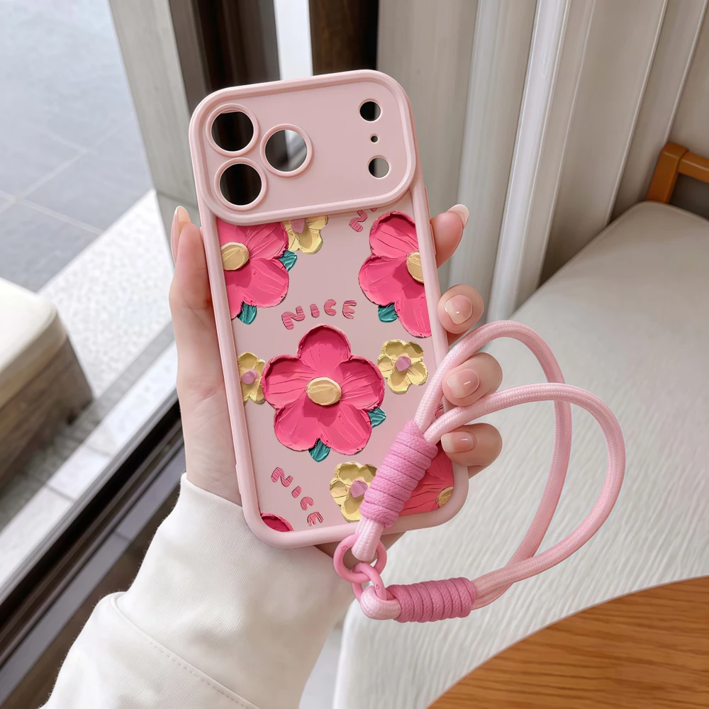 Ölgemälde Blumen Lanyard Handyhülle für iPhone 13 14 15 16 17 Pro Max 16 15 14 Pro Plus 17E Stoßfeste Matte Silikonhülle – Detail 8