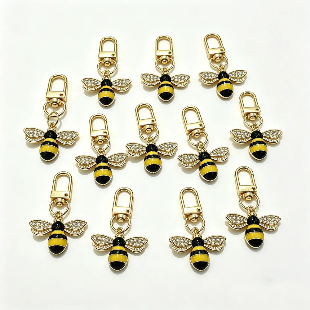 10 Stück Zinklegierung Strass Bienen-Schlüsselanhänger Emaille Honigbienen-Anhänger Kristallflügel Karabinerverschluss Taschenanhänger Autoschlüssel Geschenke – Detail 2