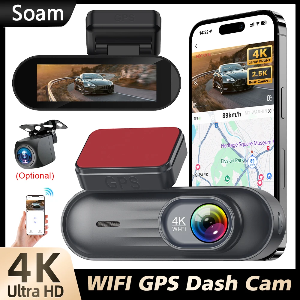

4K/2.5K Front Rear Full HD Dash Camera for Cars,3.19”IPS Screen, Built-in Wi-Fi GPS,Night Vision,WDR,24H Parking Mode,Black