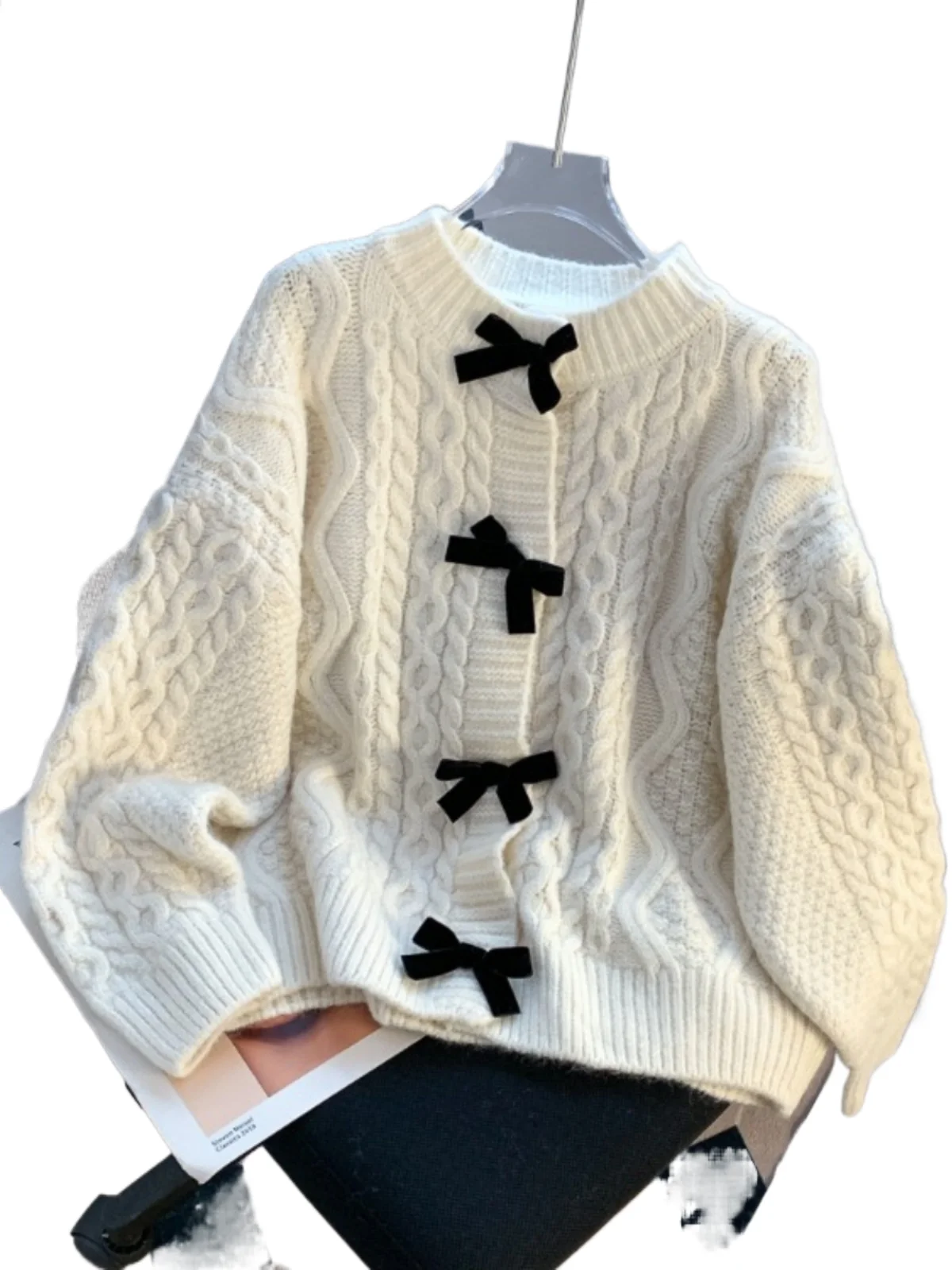 

Sweet Bow Sweater Women Spring Autumn Retro Japanese Style Soft Top Lazy style O- neck Long Sleeved Loose Knit Cardigan