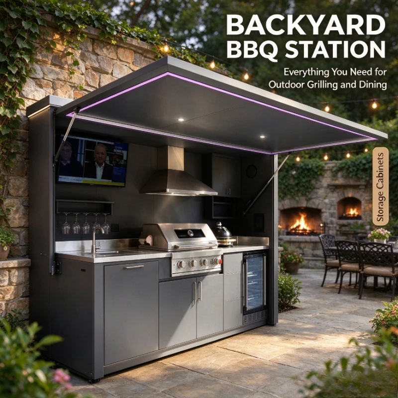 Customized Stainless Steel Outdoor Kitchen Cabinets Modern Kitchen with Stove BBQ Grill Set Backyard Outdoor BBQ Kitchen