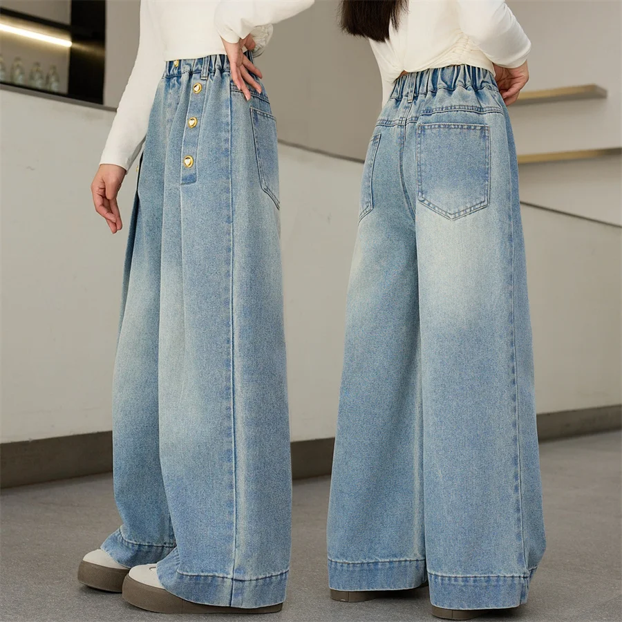 New Design Kids Street Loose Straight Fit Stacked Jeans with Buttons for Girls Fashion Denim Pants Children Casual Trousers 5-14