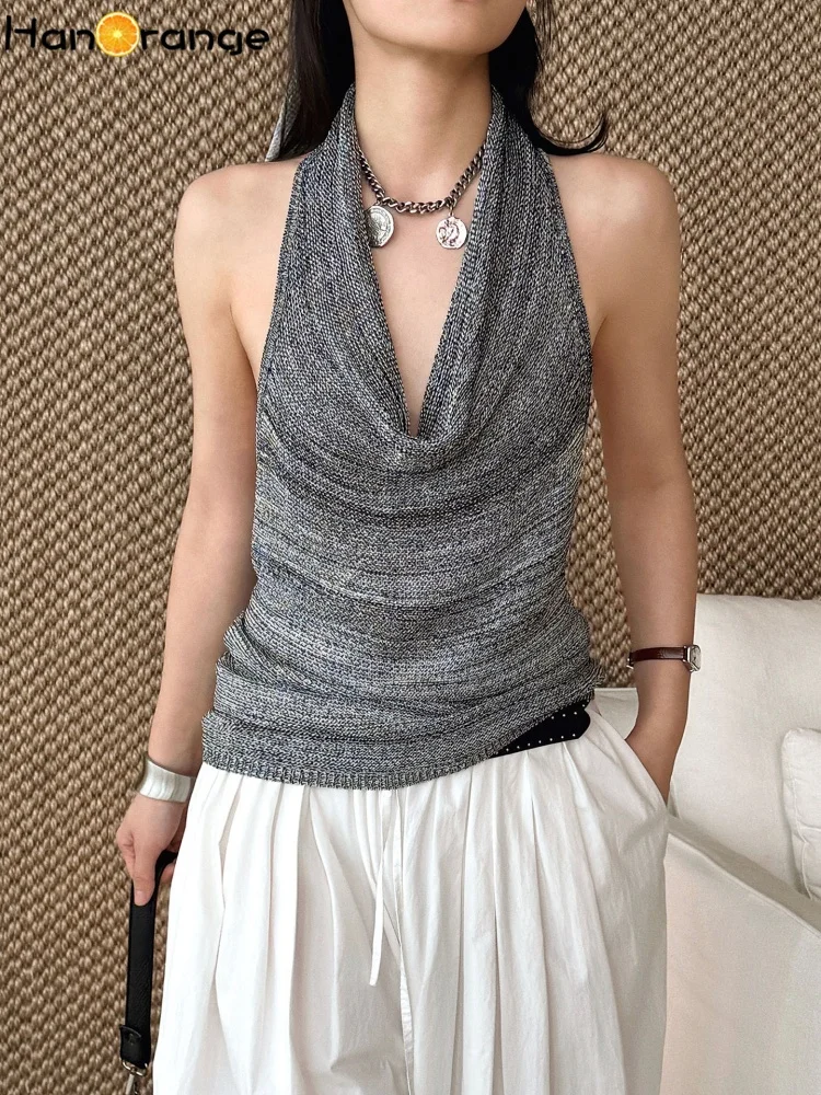 HanOrange Summer Women Swinging Collar Hanging Neck Knitted Tank Backless Super Short INS Design Mixed Yarn Top for Female