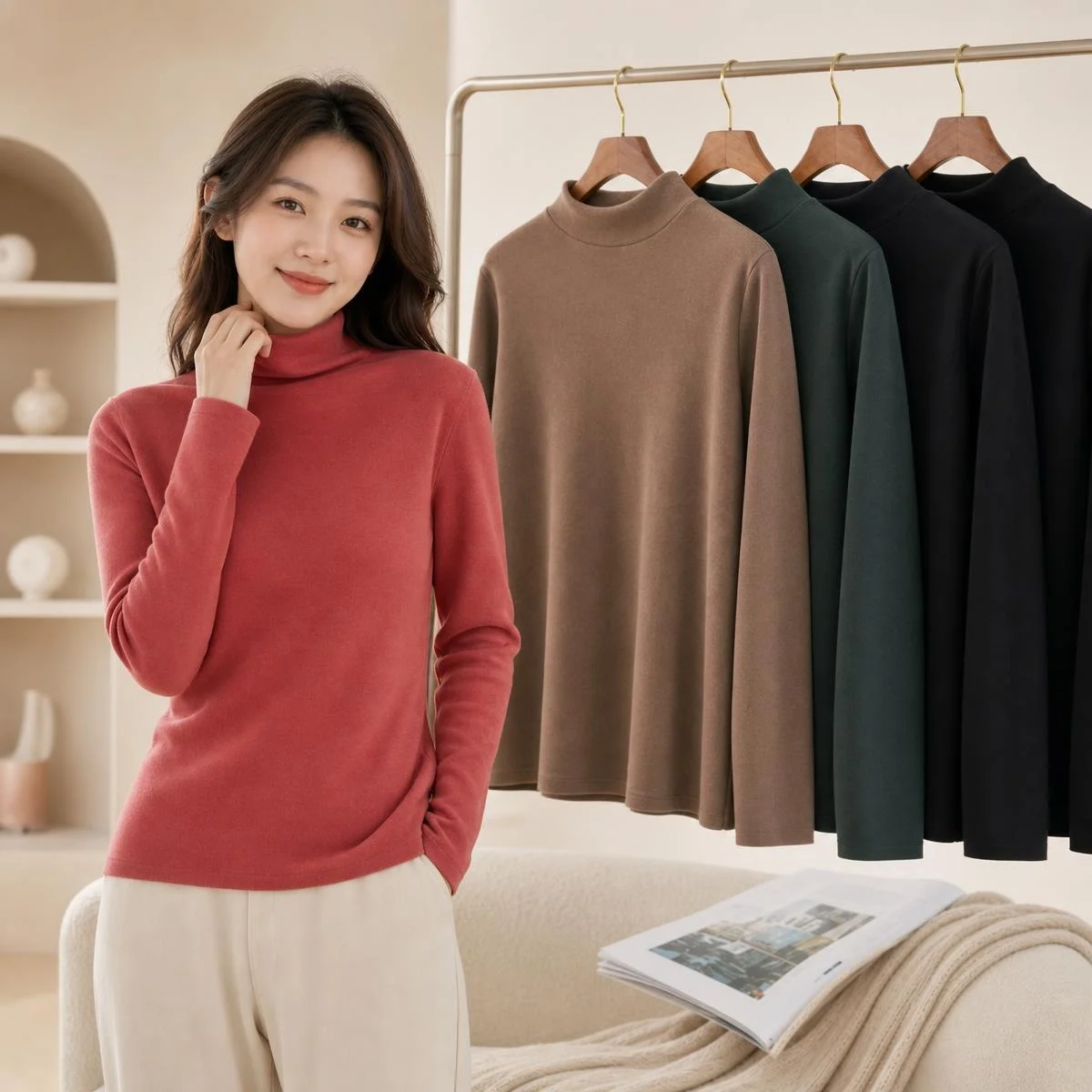 Warm Base Layer Shirt Women's Fleece Lined Long Sleeve Half High Collar Double Sided Velvet Brushed Inner Wear Thermal Top