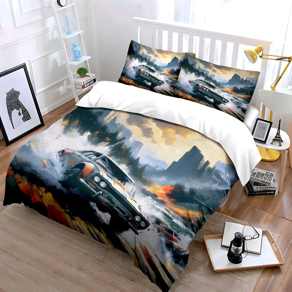 Racing car drifting through fiery valley Duvet Cover Set with 3D Printing Design Soft Polyester Bedding Set All-Season Comfort