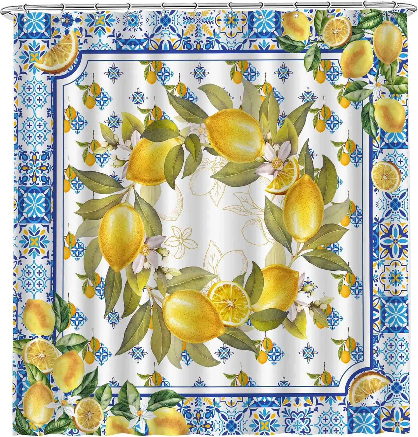 

Waterproof Lemon Shower Curtain Blue Tile Botanical Citrus Pattern Mediterranean Summer Bathroom Shower Curtain Decor Gift