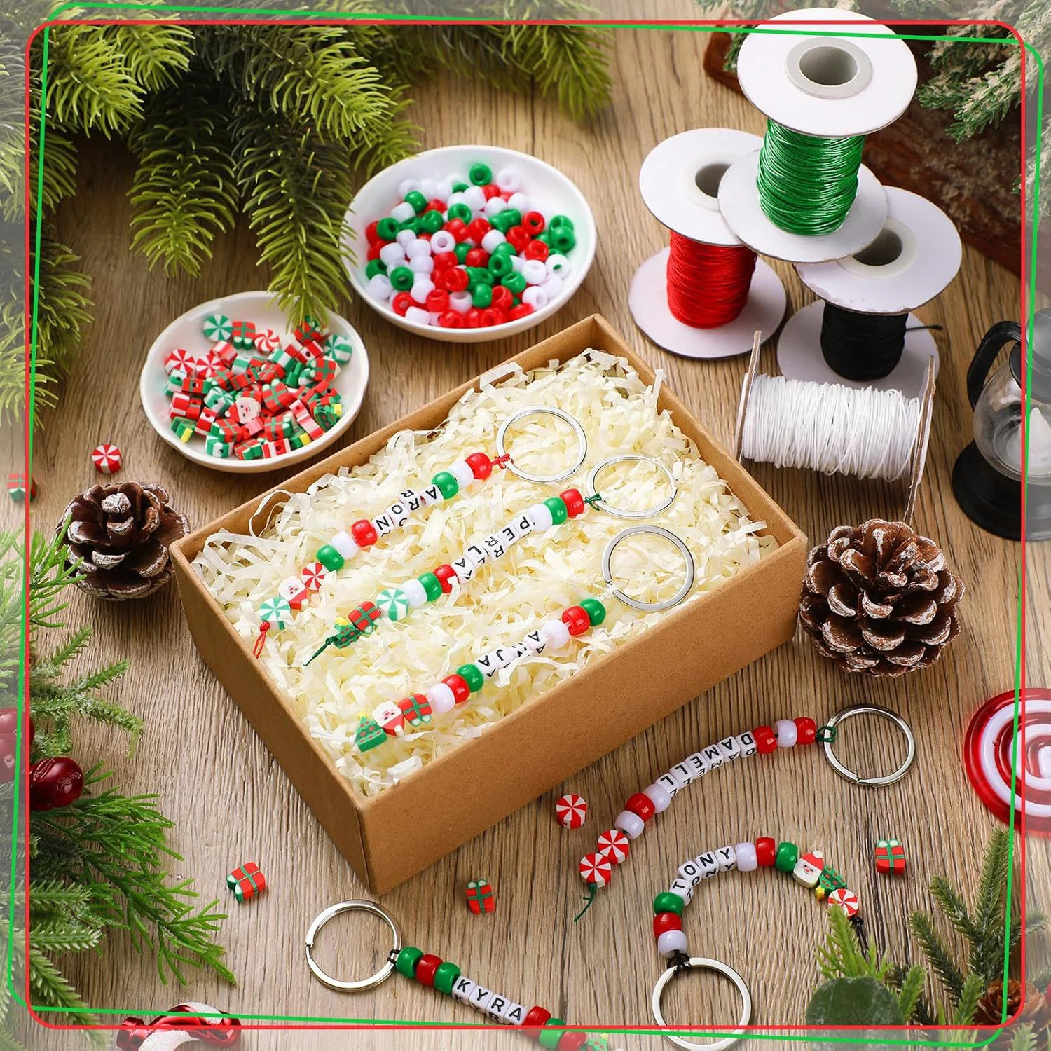 566 قطعة لتقوم بها بنفسك عيد الميلاد المفاتيح عدة الأحمر والأخضر مطرز اكسسوارات بوليمر كلاي رسالة اكسسوارات لتقوم بها بنفسك حقيبة قلادة المفاتيح ل #5