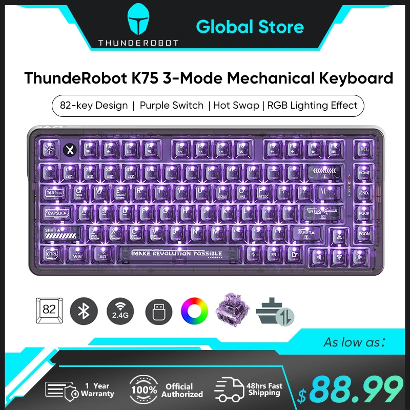 

ThundeRobot K75 Mechanical Keyboard Purple Switch 3 Mode Gaming Keyboard Hot-Swappable RGB Light Gasket Silencing For PC