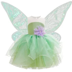 Elf Cosplay Costume Green Pearls Flower Decor Princess Dress+Wing For Girls Fancy Halloween Carnival Birthday Party Fairy Outfit