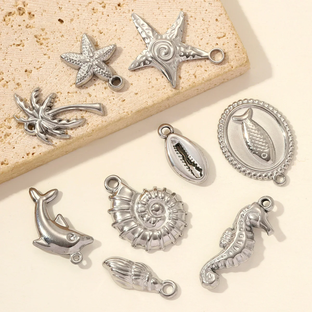 5pcs/Lot Fashion Stainless Steel Palm Tree Shell DIY Earring Charms Fish Dolphin Necklace Pendants Woman Shell Conch Jewelry