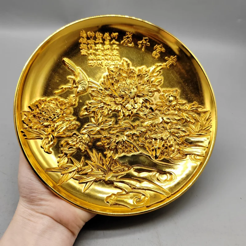 

Antique Style Large Pure Copper Flower Blooming Wealth Plate Ornament Qing Dynasty Kangxi Year Craft Gold Large Ornament Decorat